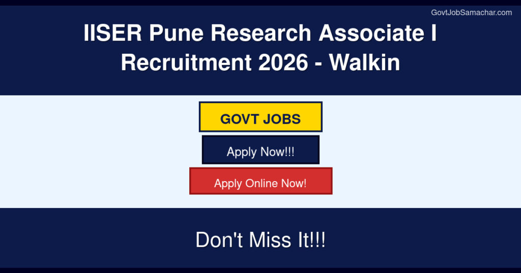 IISER Pune Research Associate I Recruitment 2026 – Walkin