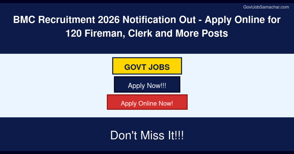 BMC Recruitment 2026 Notification Out – Apply Online for 120 Fireman, Clerk and More Posts