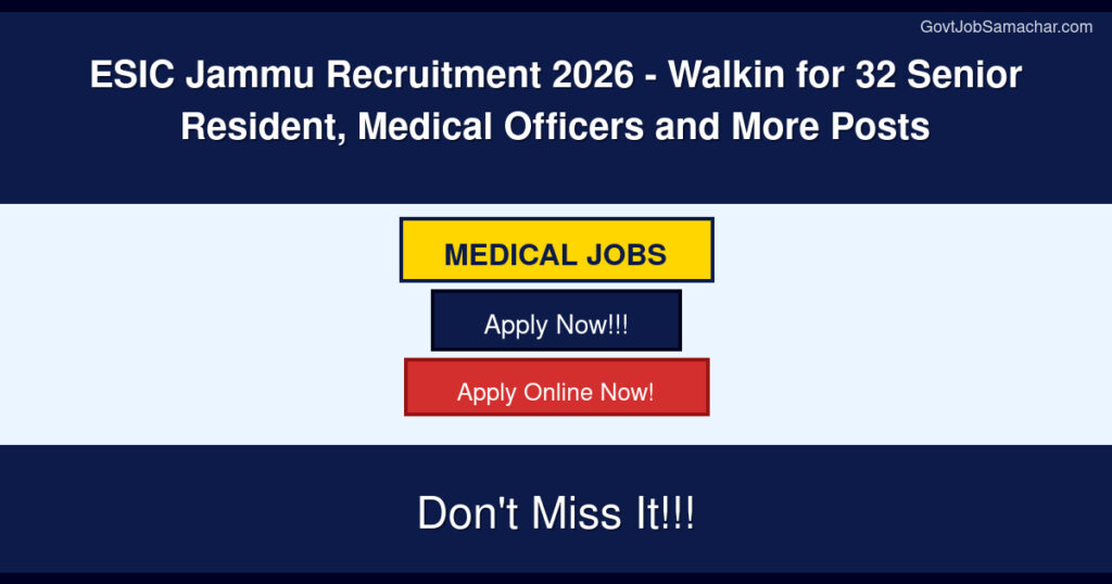 ESIC Jammu Recruitment 2026 – Walkin for 32 Senior Resident, Medical Officers and More Posts